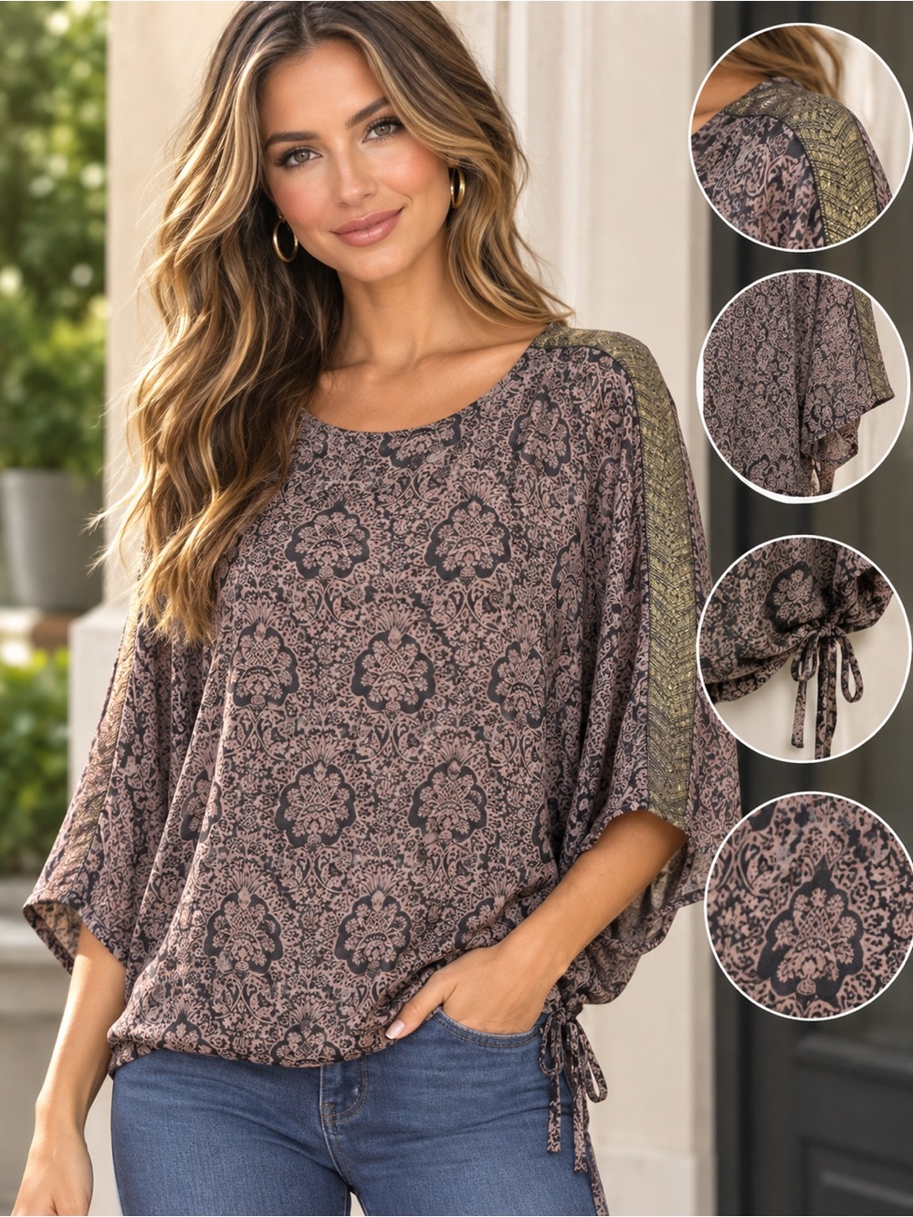 Brochu Walker 100% Silk Boho Top Taupe Black Drawstring Hem Metallic Size Small